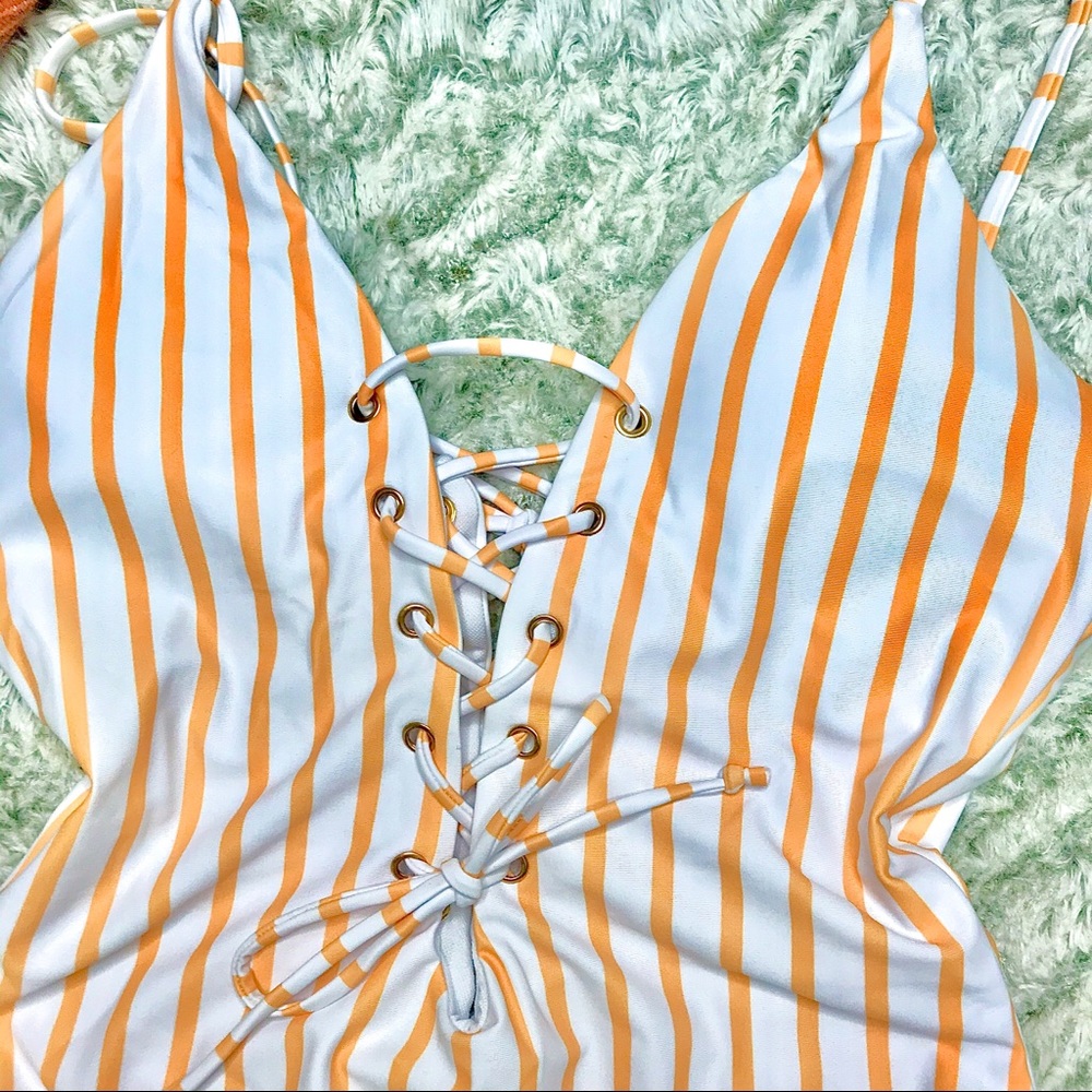 Front Tie One Piece White w/ Gold Stripe Swimsuit - Picture 3 of 6